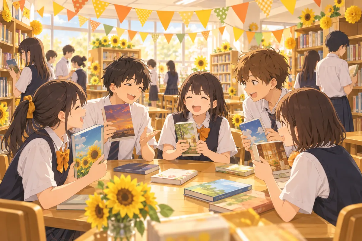 工謳祭の日の図書室で、本を手に楽しむ生徒たちのイラスト