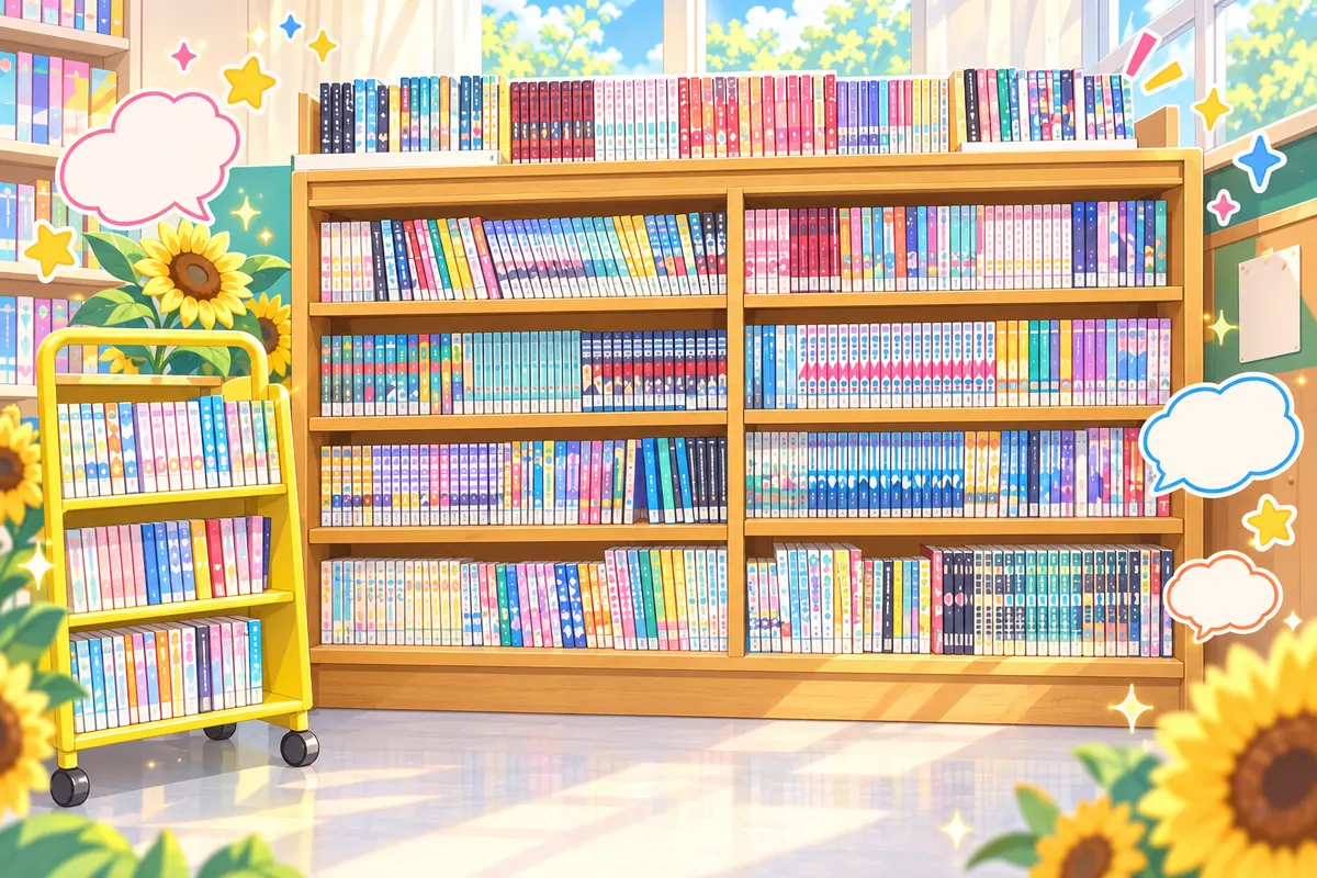 漫画の単行本がならぶ本棚のイラスト