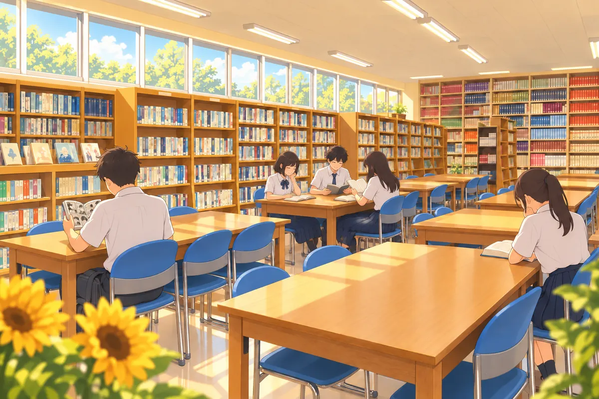 閲覧室で、向かい合って静かに本を読む生徒たちのイラスト